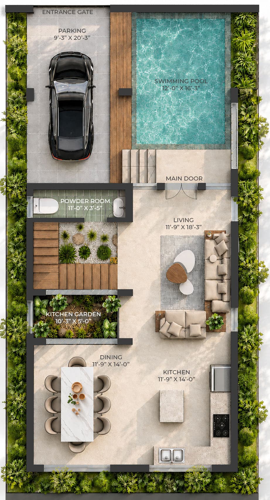 Ground floor plan showing the entrance gate, parking, plunge pool, powder room, living, dining and kitchen.