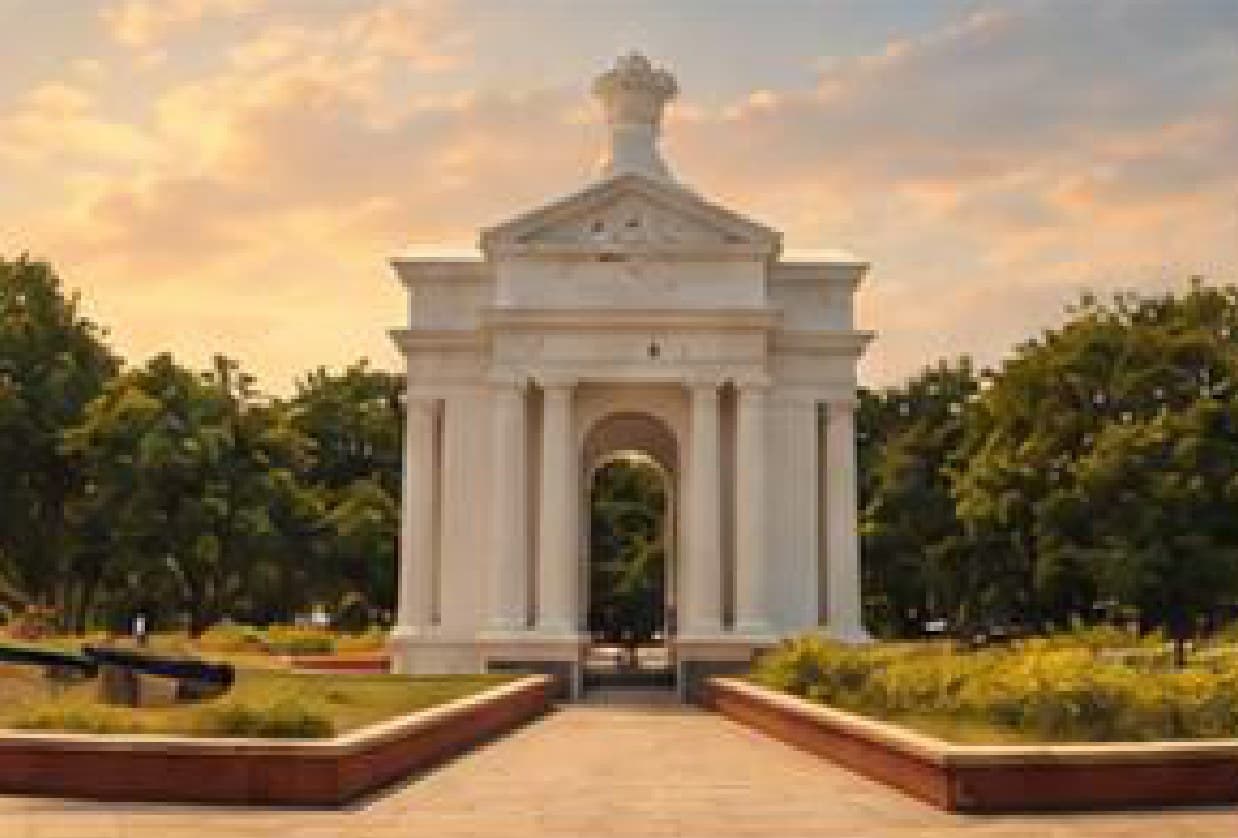 The white colonnaded Aayi Mandapam monument at Bharathi Park in Pondicherry.