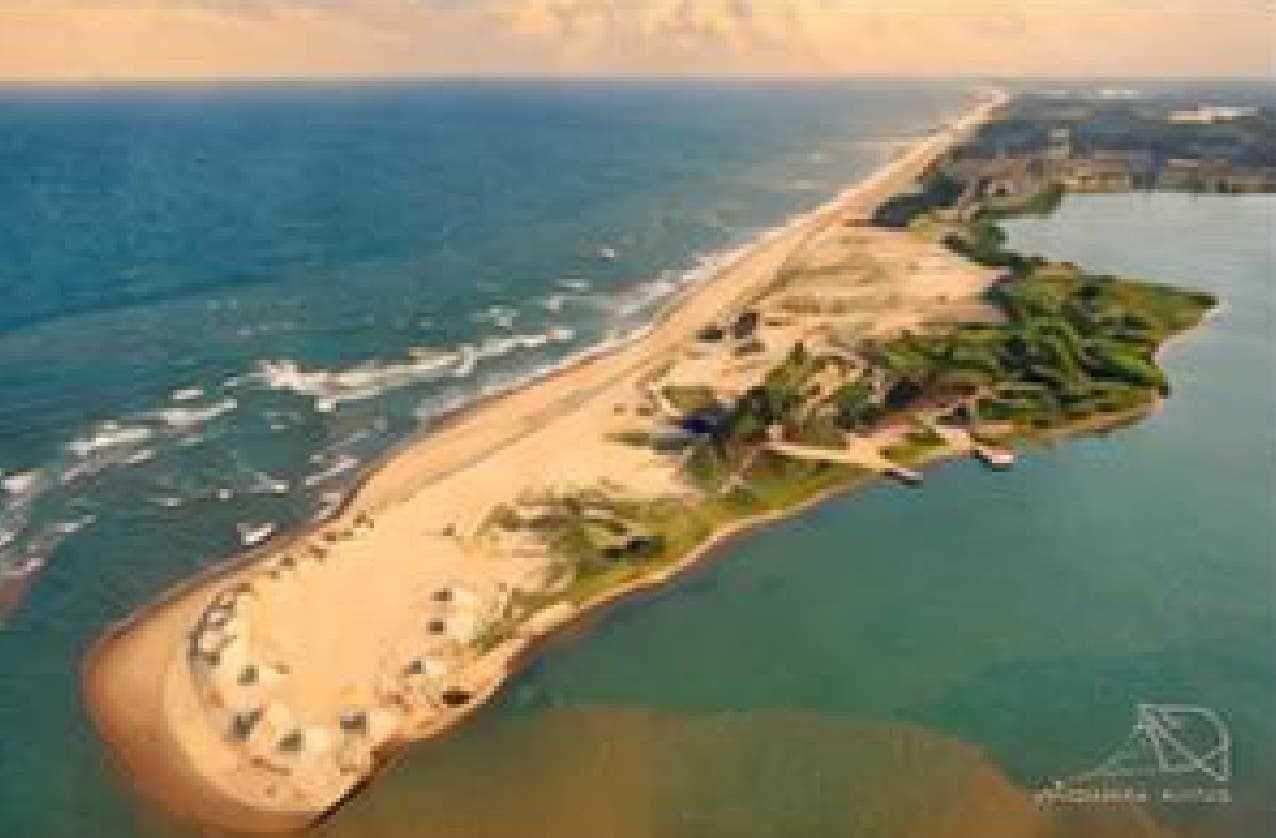 Aerial view of the Chunnambar Boat House backwaters and sandbar near Pondicherry.