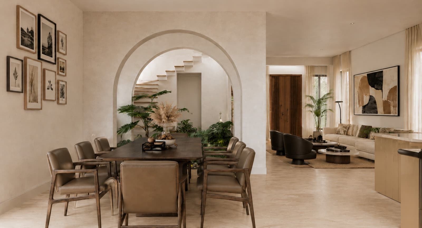 Dining and foyer area with arched openings, indoor planting and natural-toned finishes.