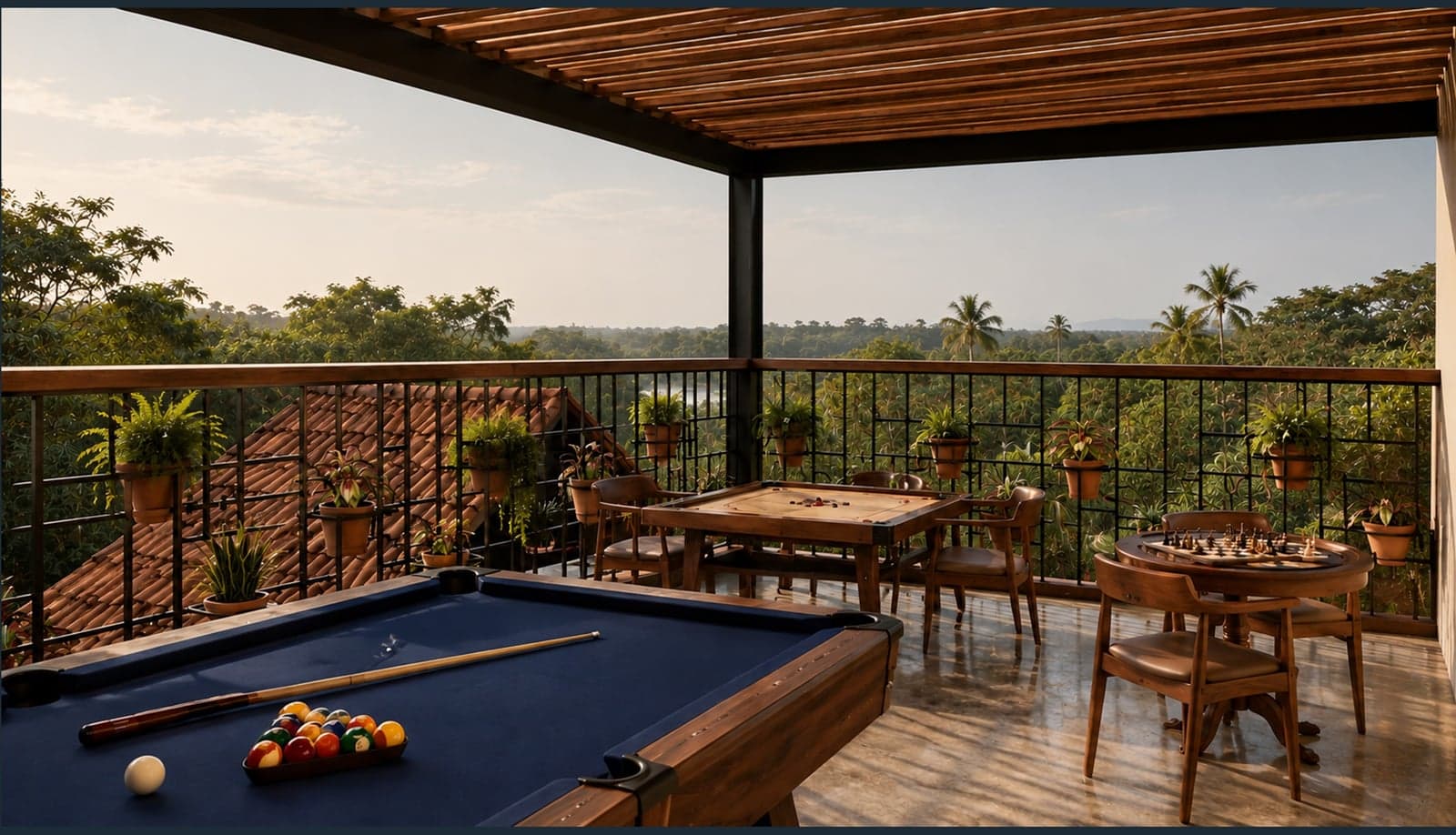 Roof-terrace game room under a timber pergola, with a pool table, carrom board and chess table overlooking the treetops.